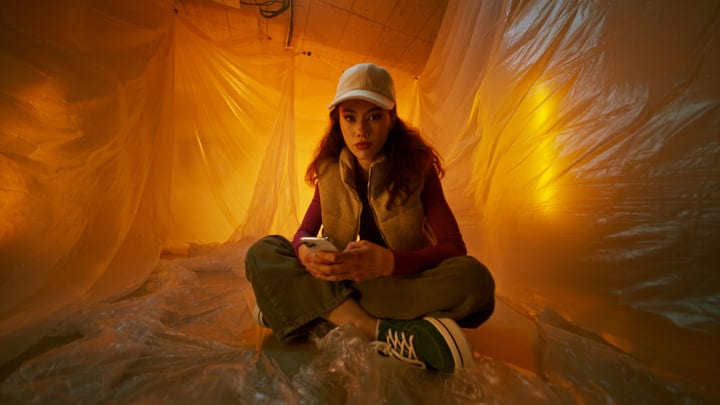 Young Woman Engages With Her Phone In Warm Studio Glow