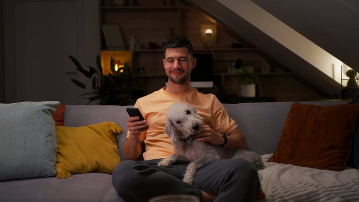 Evening Serenity: Man Relaxing with Dog and Smartphone