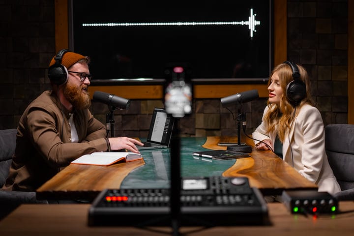 Dynamic Podcast Discussion Between Enthusiastic Hosts in Studio