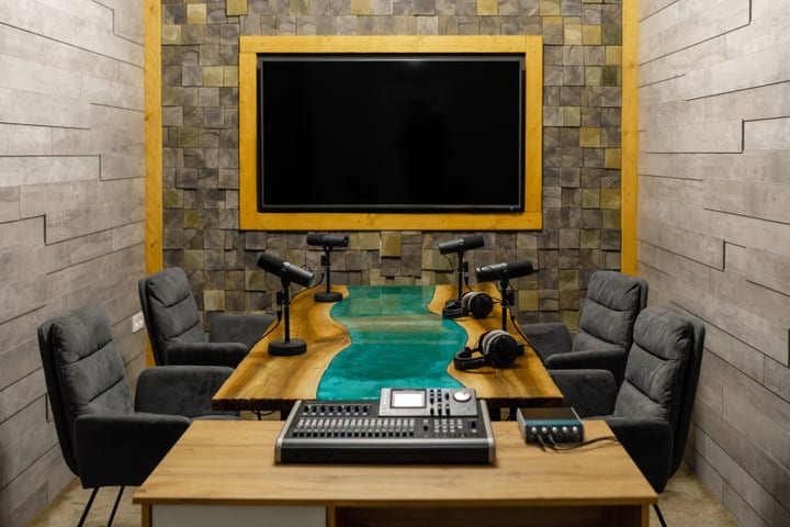 Podcast Studio Awaits Discussion On A Unique Wooden Table