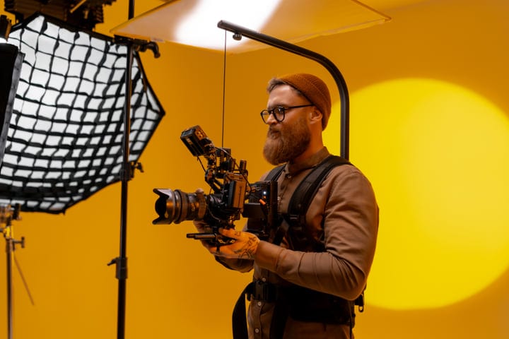 Creative Director Prepares Camera in Vibrant Studio Setting