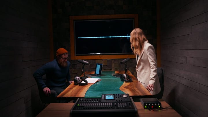 Dynamic Podcast Recording Session In Modern Studio Setup
