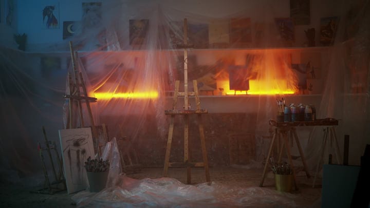 Easels Stand Silent in a Vibrant Artist's Studio