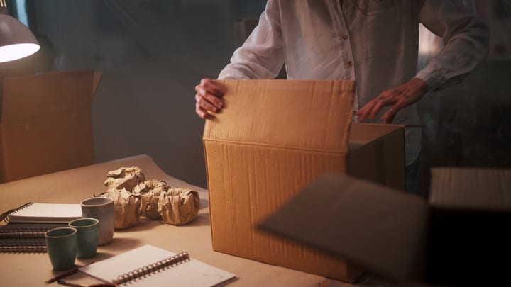 Hands Carefully Unpacking in the Artist's Dim Studio