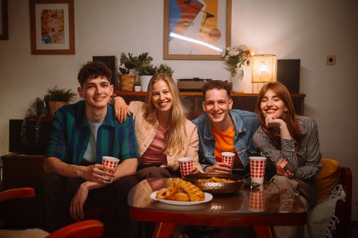 Laughter and Stories Around a Table of Snacks and Drinks