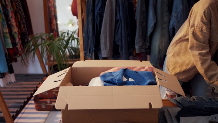 Retail Worker Carefully Placing Folded Clothes Into Cardboard Box In Boutique
