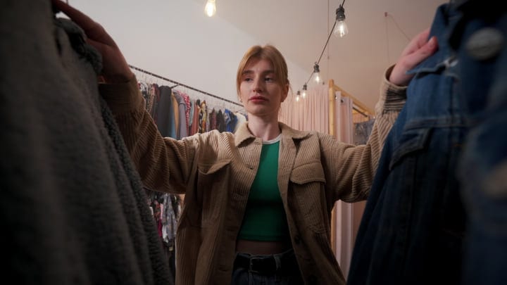 Young Woman Exploring Fashion Choices In Boutique Lighting