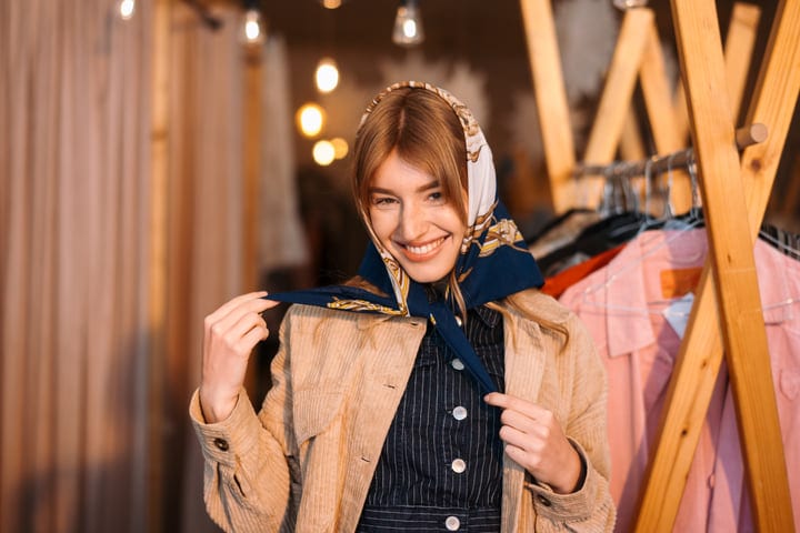 Joyful Moment With A Scarf In A Cozy Boutique
