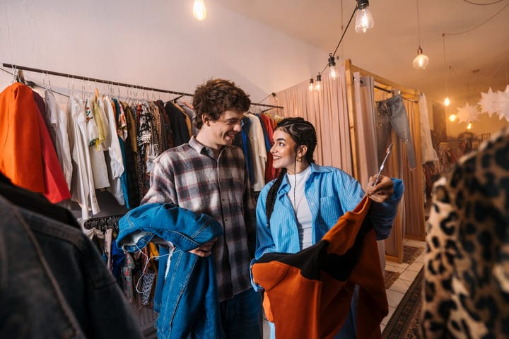 Joyful Friends Discovering Fashion Gems in Cozy Boutique