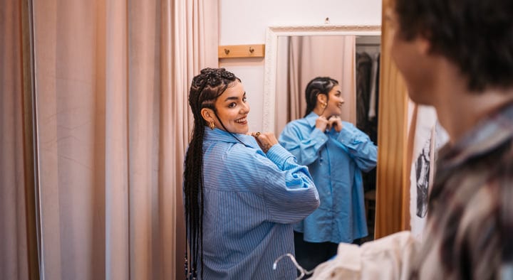 Joyful Fitting Room Moment With Friends At A Boutique