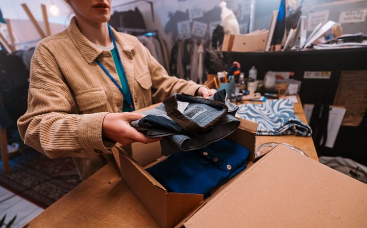 Hands Carefully Pack Clothes Inside Boutique Box Setting