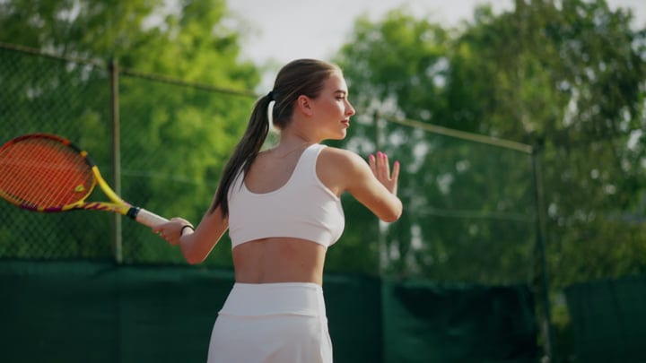 Female Tennis Player On Court With Racket Prepares For Serve