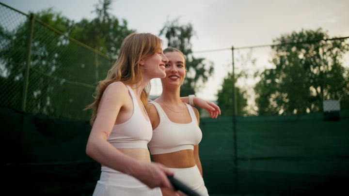 Two Young Women Friends Smiling On Green Tennis Court Outdoors