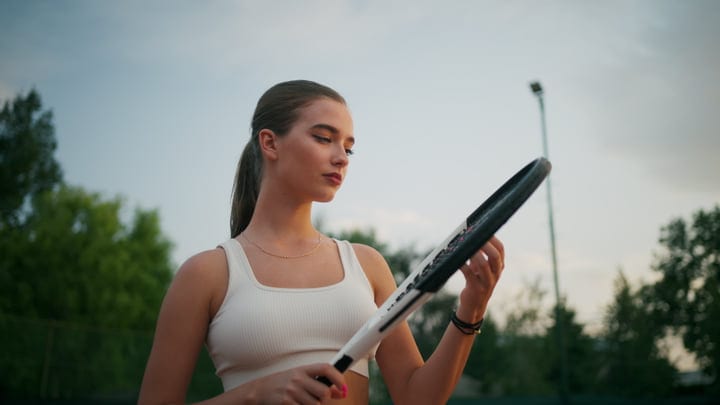 Focused Young Woman Inspecting Her Tennis Racket On Outdoor Court