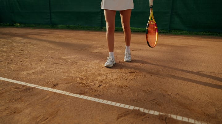 Female Tennis Player's Legs Standing on Clay Court Holding Racket