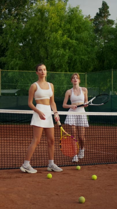 Two Young Women Stand With Rackets On An Outdoor Clay Tennis Court