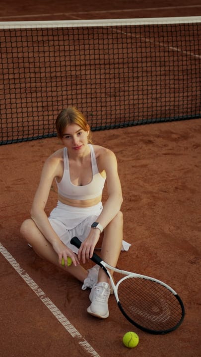 Young Woman In White Tennis Gear Rests On A Clay Court