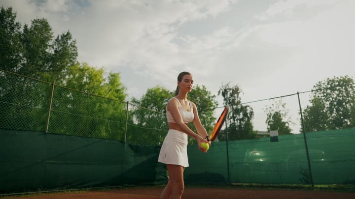 Young Woman Prepares To Serve Tennis Ball On Outdoor Clay Court