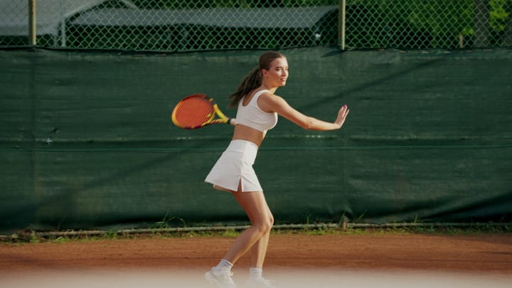Focused Female Tennis Player Preparing To Strike The Ball On A Clay Court