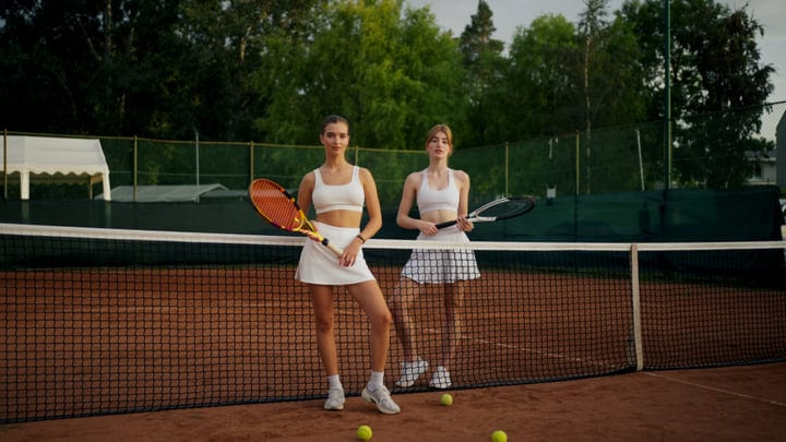 Two Young Women Tennis Players Standing On Clay Court With Rackets And Balls