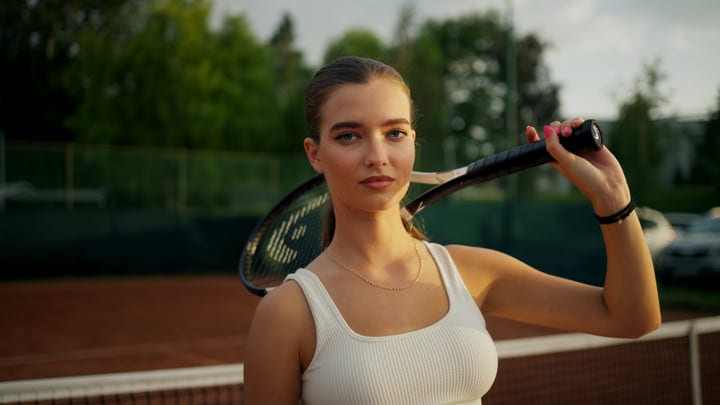 Young Woman Holding Tennis Racket On Clay Court Under Evening Sun