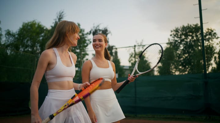 Two Young Women Chatting On Clay Tennis Court