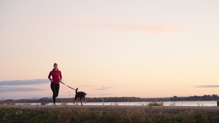 Young Woman Runs With Her Dog Along A Scenic River During Golden Hour