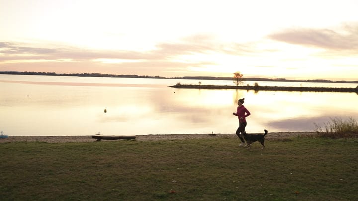 Young Woman Runs With Her Dog Along Lake Shore At Golden Hour