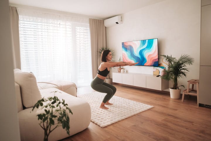 Young Woman Doing Squats In Her Bright Living Room During Morning Workout