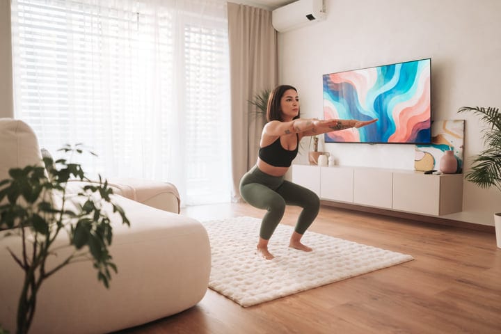 Woman Exercising Squats Barefoot In Modern Living Room At Home