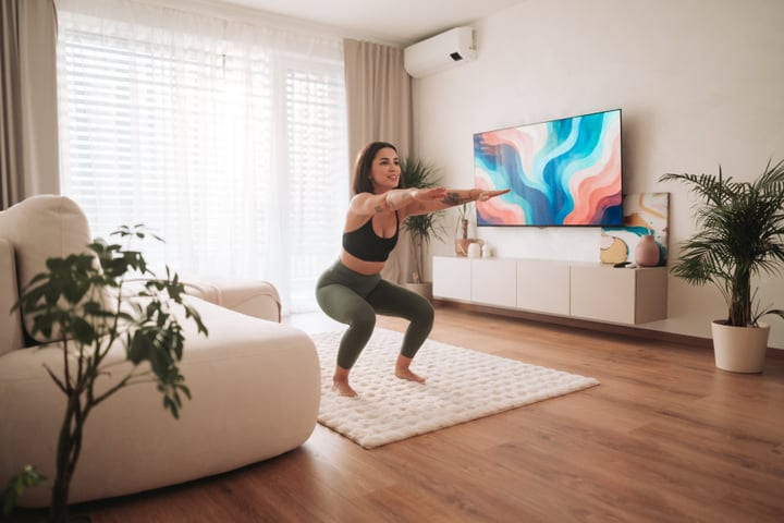 Young Woman Squats In Living Room During Morning Exercise Routine