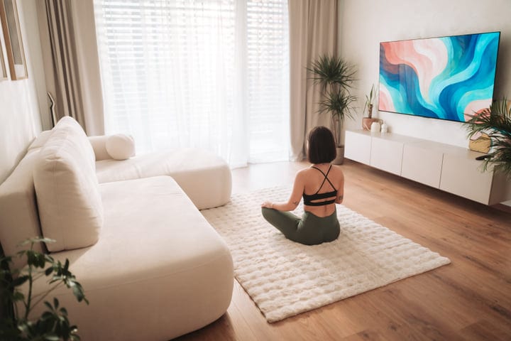 Woman Sitting In Lotus Pose On Rug In Bright Living Room