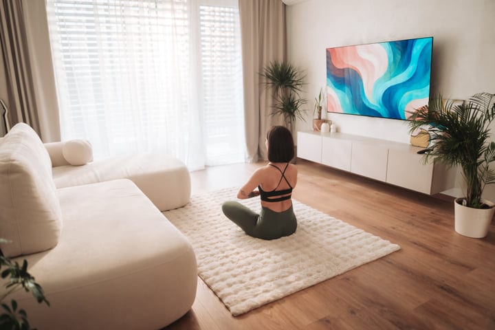 Woman Meditating On Fluffy Rug In Bright Living Room Morning