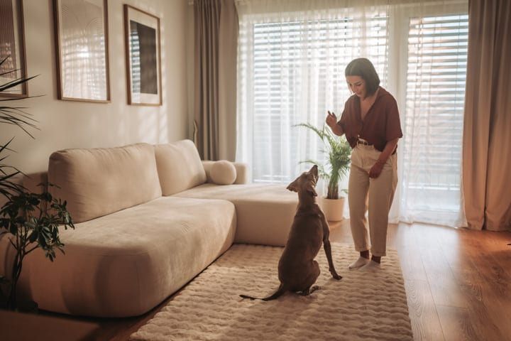 Relaxed Woman Training Her Pet Dog In A Cozy European Apartment