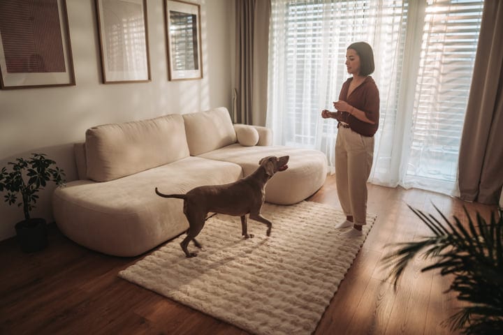 Woman Interacting With Her Dog In A Sunny Modern Living Room