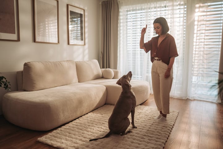 Young Woman Training Her Weimaraner Dog Indoors In A Modern Living Room