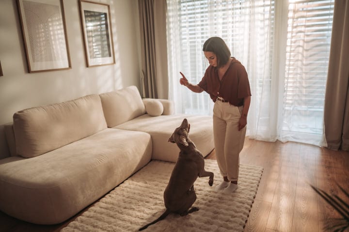 Woman Training Her Weimaraner Dog Indoors In A Bright Modern Living Room