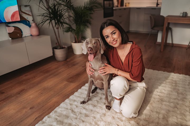 Smiling Woman Cuddles Her Weimaraner Dog On A Cozy Living Room Rug