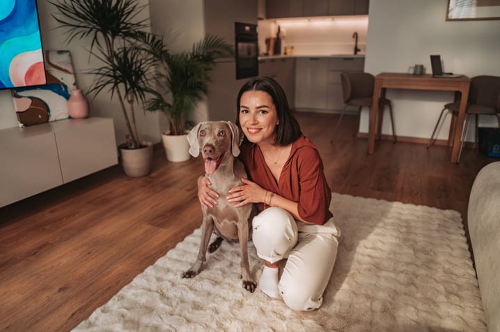 Smiling Woman And Her Weimaraner Dog Posing Together In Modern Apartment