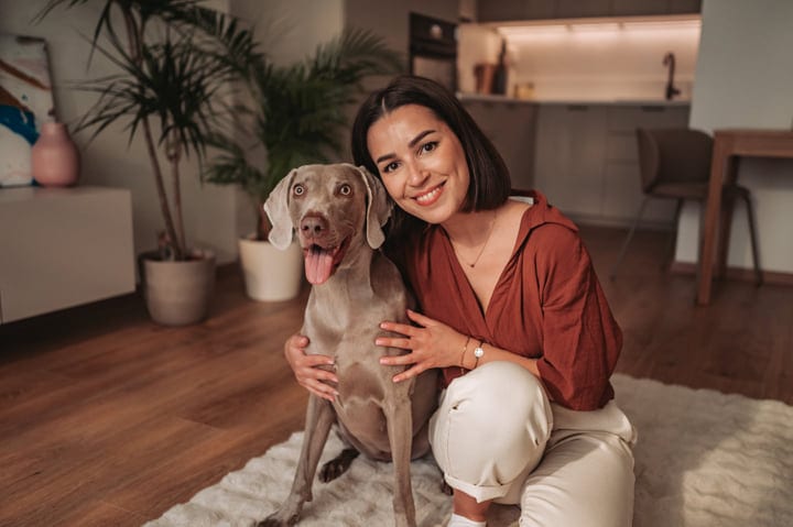 Young Woman Posing With Her Weimaraner Dog In A Modern Home Living Room