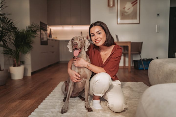 Young Woman Kneeling And Hugging Her Weimaraner Dog In Modern Living Room