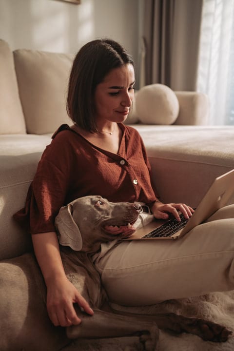 Young Woman Works Remotely On Laptop With Her Dog On The Sofa