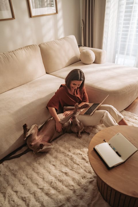 Woman Sits On Rug With Laptop, Petting Her Dog In Cozy Living Room