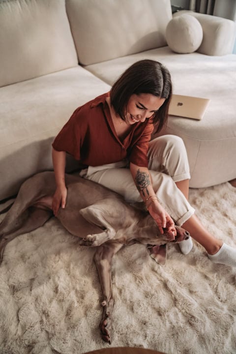 Smiling Woman Genuinely Laughs While Petting Her Dog At Home