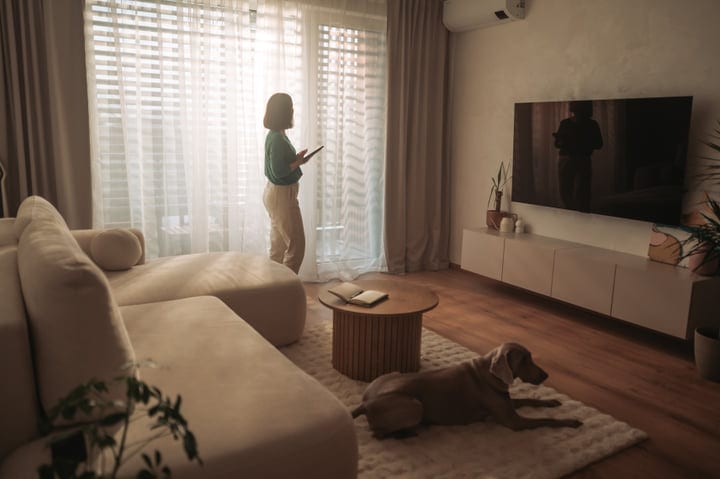 Woman Stands By Window In Bright Modern Living Room Holding Tablet