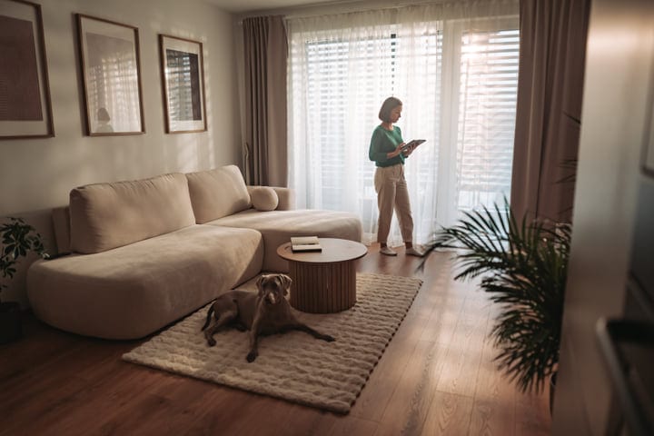 Adult Woman Standing By Window Using Tablet With Dog Lying On Rug