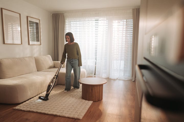Woman Vacuums Plush Rug in Bright Modern European Living Room