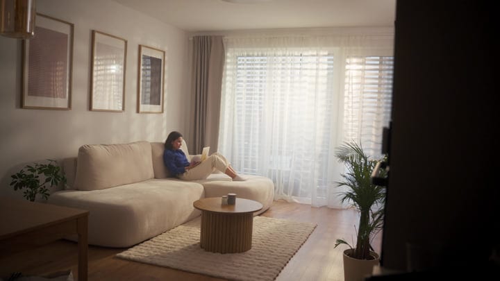 Woman Using Laptop On Comfortable Sofa In Sunny Living Room Morning