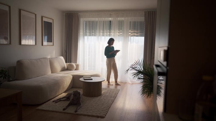 Woman Stands By Window Using Tablet In Modern Living Room With Dog