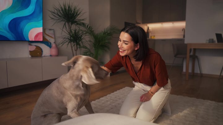 Woman Petting Her Dog On A White Rug In A Cozy Living Room